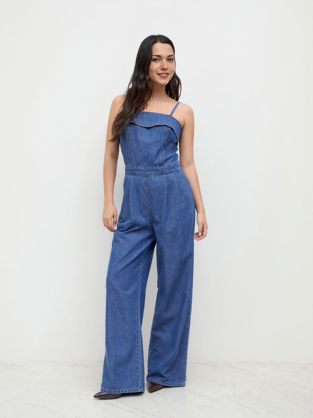 Denim Fold Over Wide Leg Jumpsuit