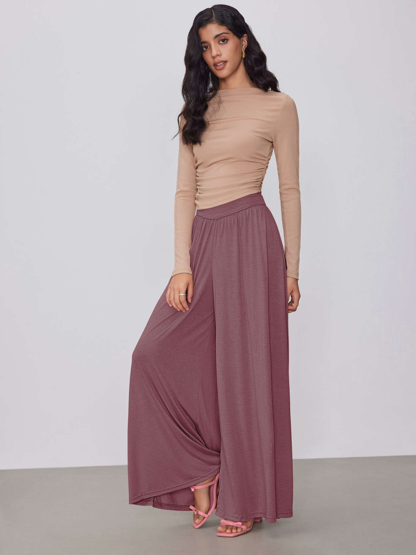 Jersey Solid Jersey High Waist Ruffle Wide Leg Trousers For School Daily Casual