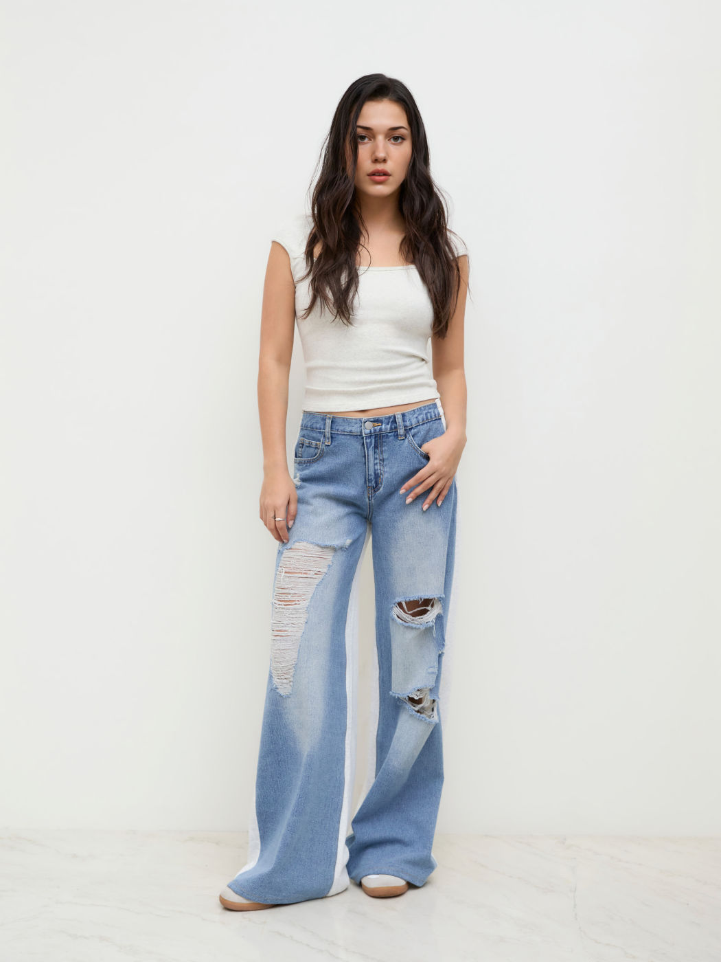 Stretch-Denim Low-Rise Rippled Zweifarbige Patchy Lockere Jeans