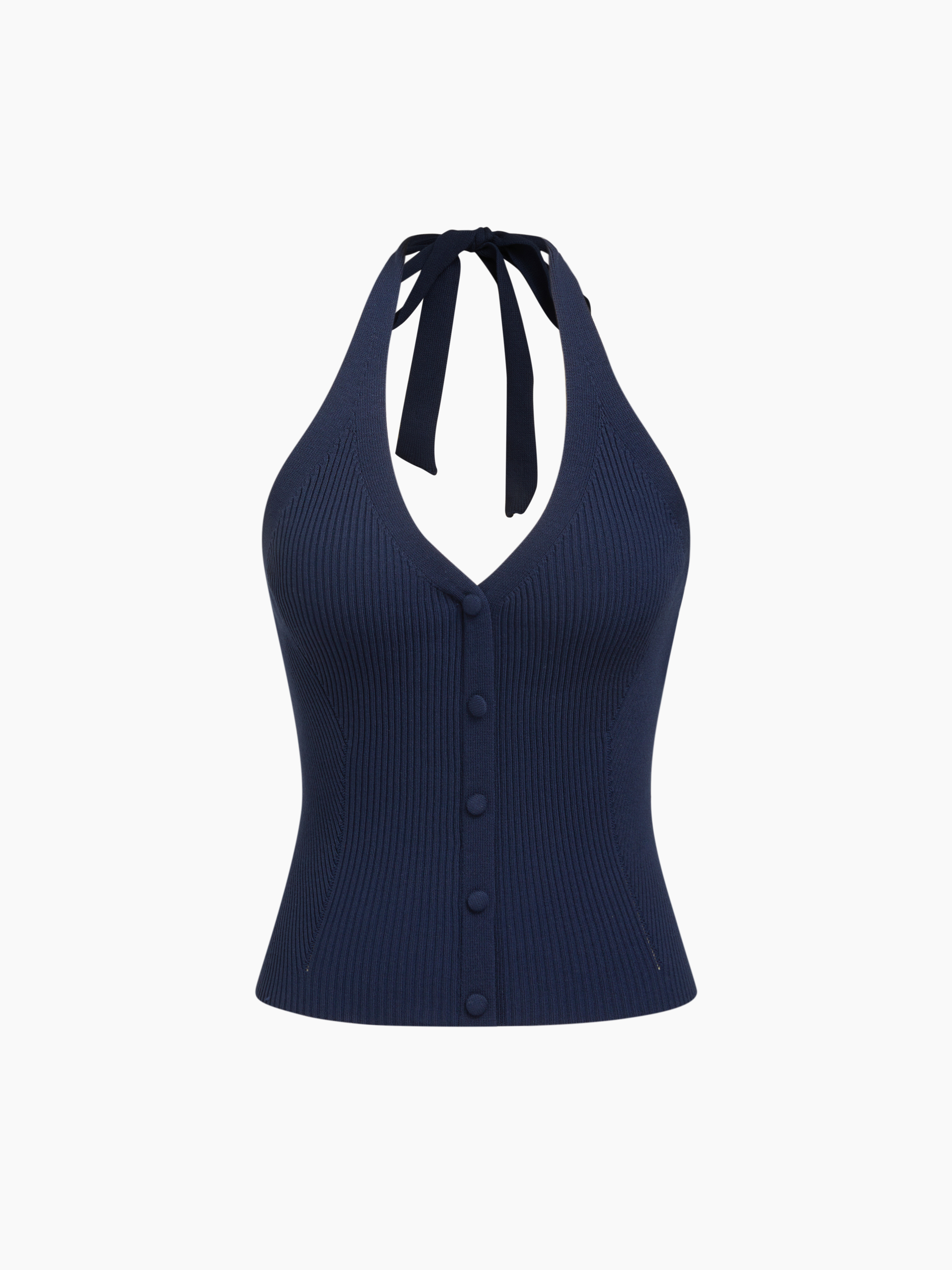 Knit Halter Neckline Rib Button Crop Top