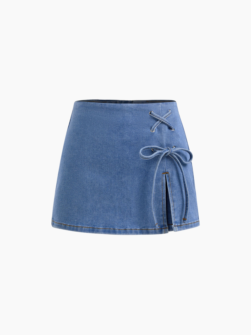 Stretch Denim Mid Rise Bowknot Split Mini Skort