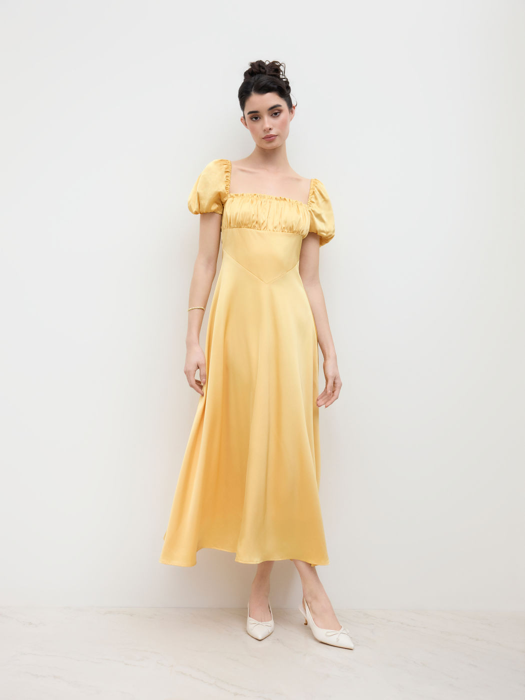 Satin Square Neck Puff Sleeve Knotted Maxi Dress