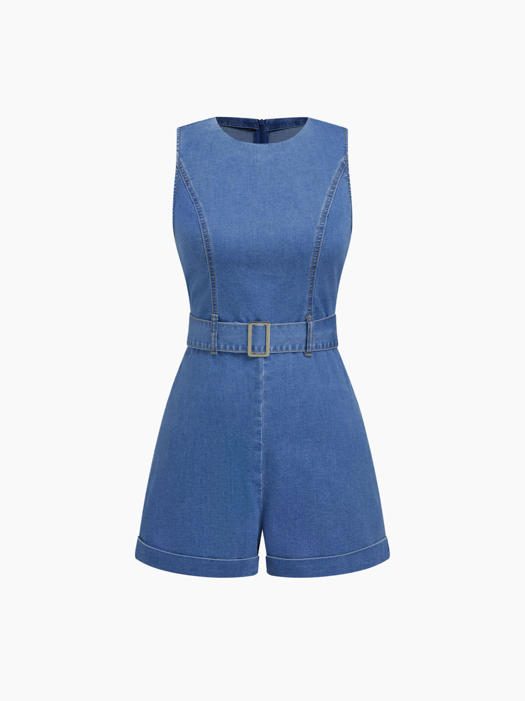 Salopette corta in denim elasticizzato con orlo arrotolato e cintura