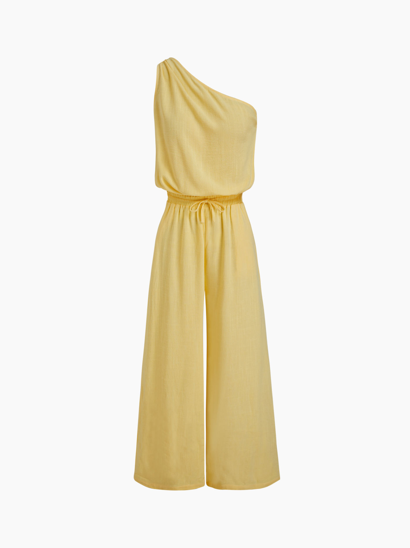 Linen-blend Asymmetrical Neck Drawstring Jumpsuit