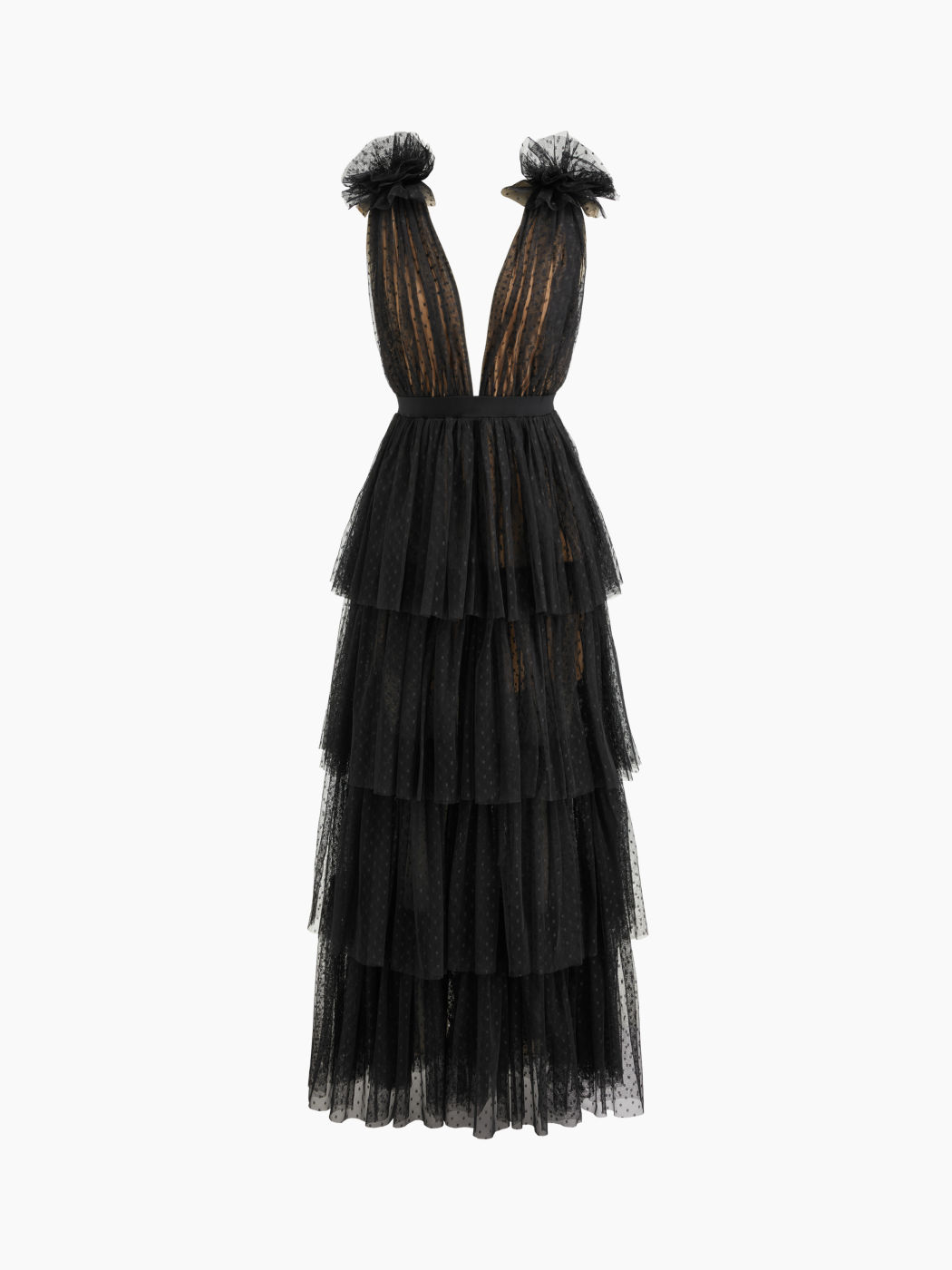 Mesh V-neck Polka Dot Tulle Layered Maxi Dress