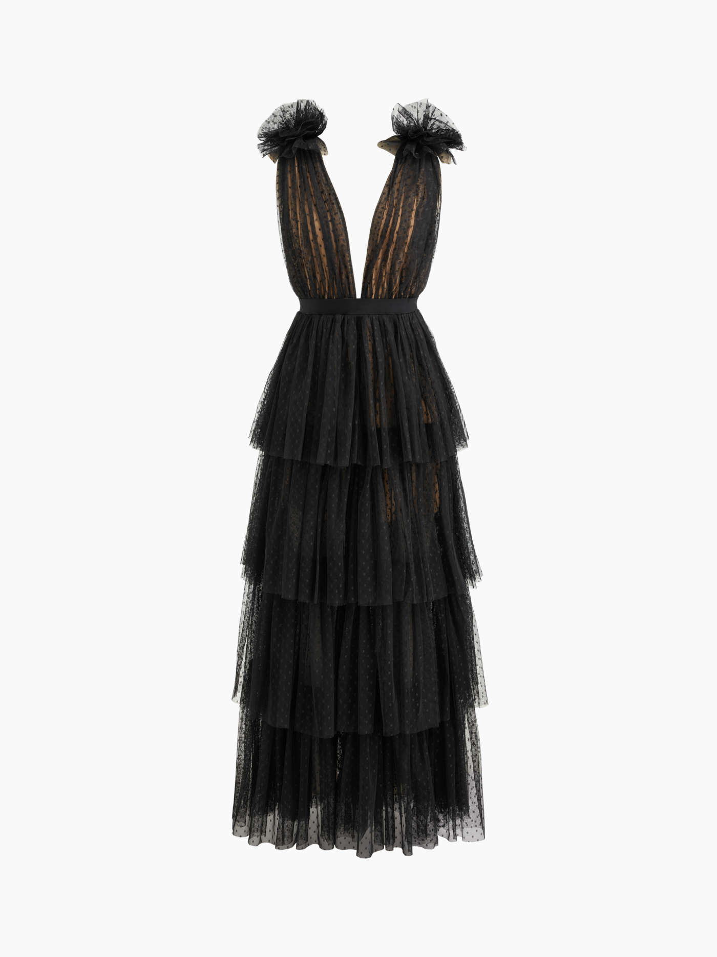 Mesh Mesh V-neck Polka Dot Tulle Layered Maxi Dress For Wedding