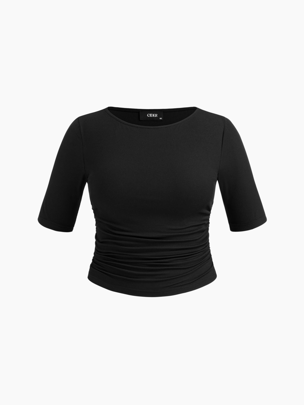 Round Neckline Ruched Middle Sleeve Tee Curve & Plus