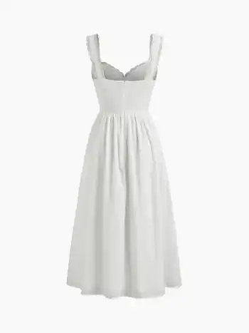 Baumwoll-V-Ausschnitt Englisches Stickerei Blumenknopf Midikleid