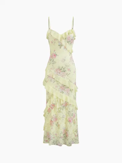 Square Neck Lace Floral Ruffle Hem Ruched Mini Dress