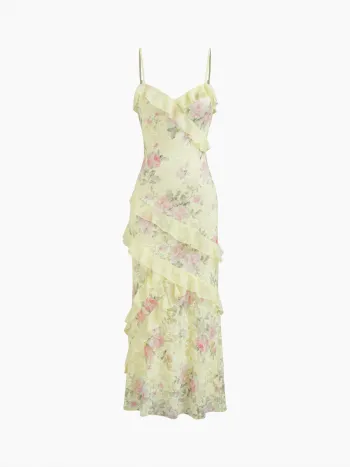 Spitzen-V-Ausschnitt Blumen-Ruffle Maxikleid