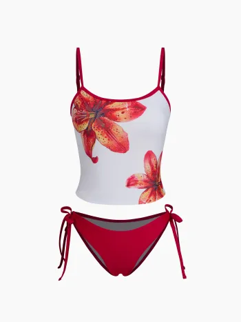 U-Halslinie Blumenmuster Kontrastbinder Tankini Bikini-Set mit Seidenverschluss