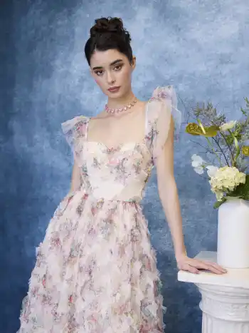 Mesh Square Neck Floral Lettuce Trim Lace Up Maxi Dress