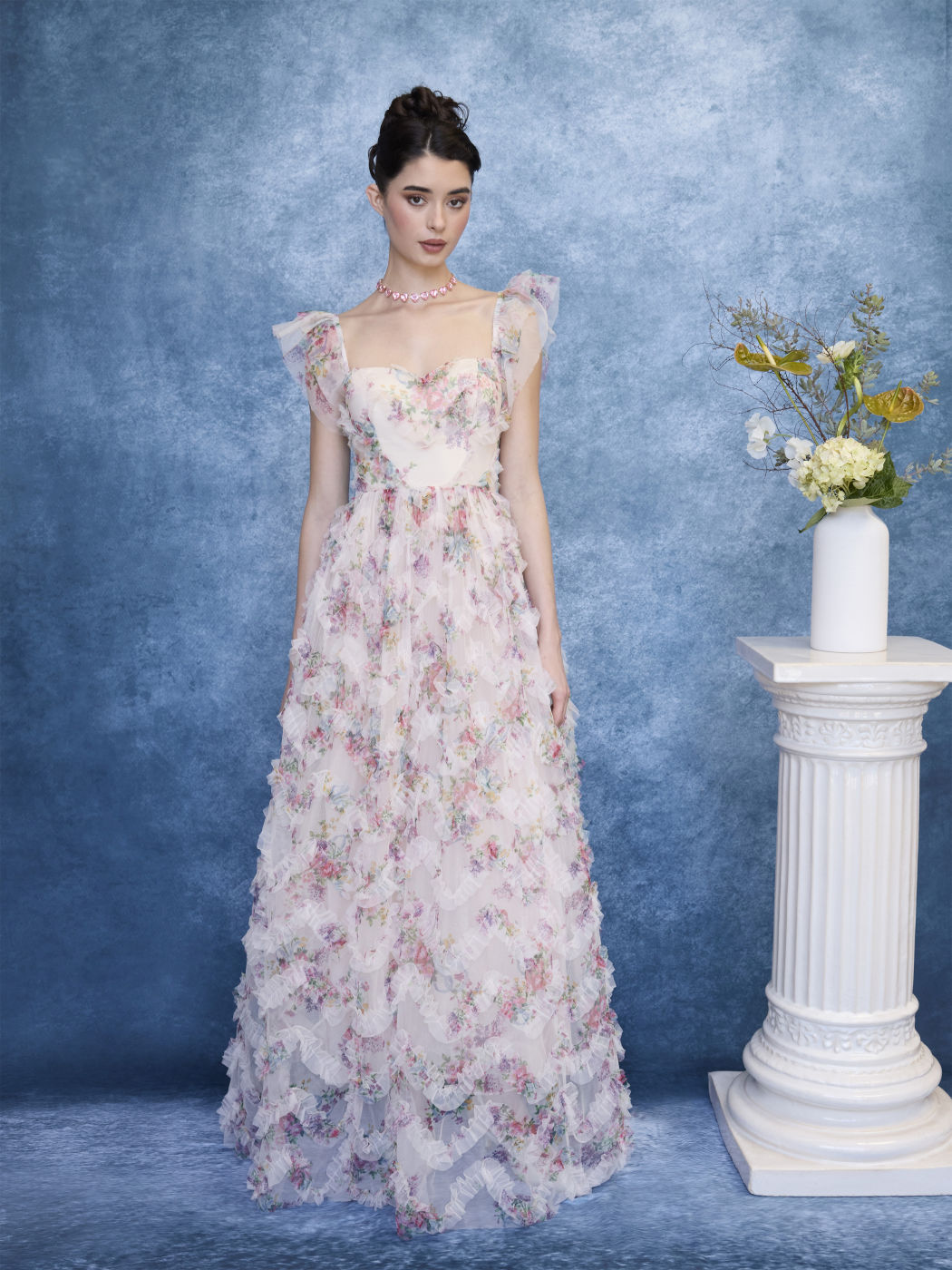 Vestido Maxi de encaje con flores, cuello cuadrado de malla y bordado de lechuga