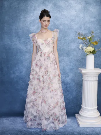 Mesh Square Neck Floral Lettuce Trim Lace Up Maxi Dress