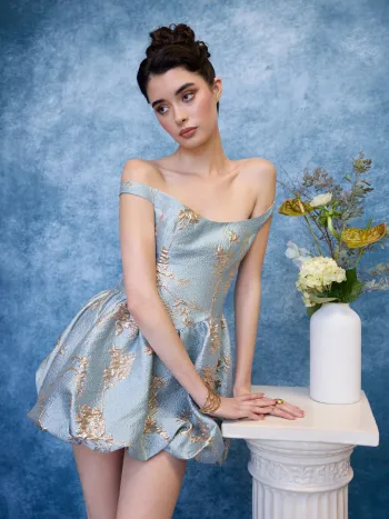 Jacquard-Off-shoulder Blumen-Mini-Kleid mit Ballonauslauf