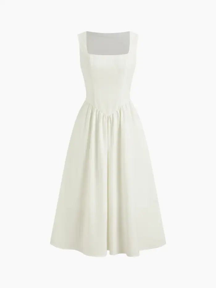 Woven Linen-blend Square Neck Ruffle Midi Dress For Vacation