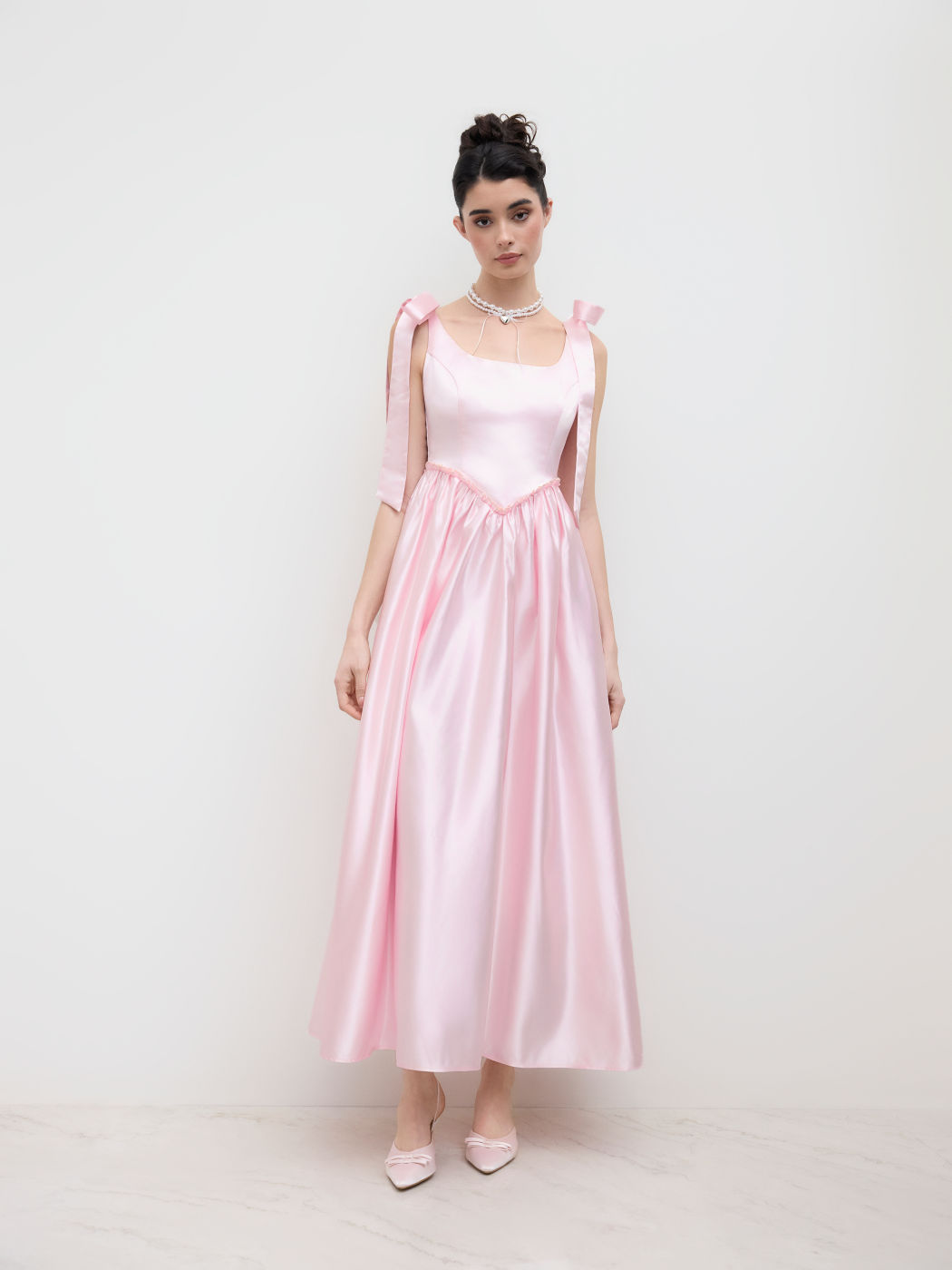 Satin U-neckline Bowknot Lace Up Ruffle Maxi Dress