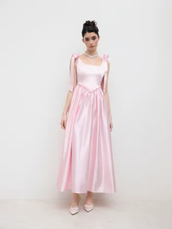 Satin U-neckline Bowknot Lace Up Ruffle Maxi Dress