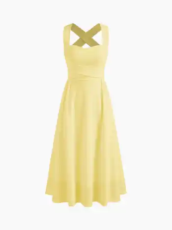 Square Neck Solid Criss Cross Ruffle Midi Dress