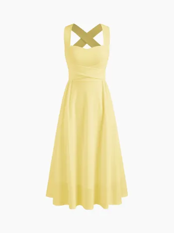 Square Neck Solid Criss Cross Ruffle Midi Dress