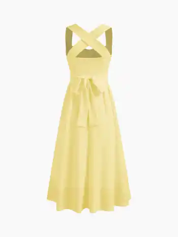Square Neck Solid Criss Cross Ruffle Midi Dress