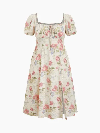Fruit Square Neck Puff Sleeve Midi Dress Curve & Plus