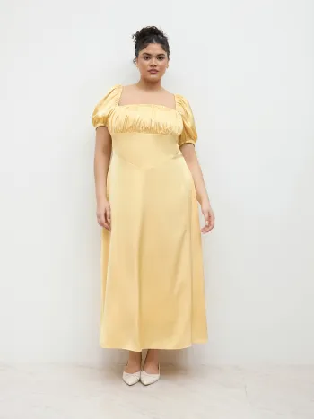 Abito Lungo Maxi con Scollo Quadrato in Raso e Maniche a Sbuffo Annodate Taglie Comode