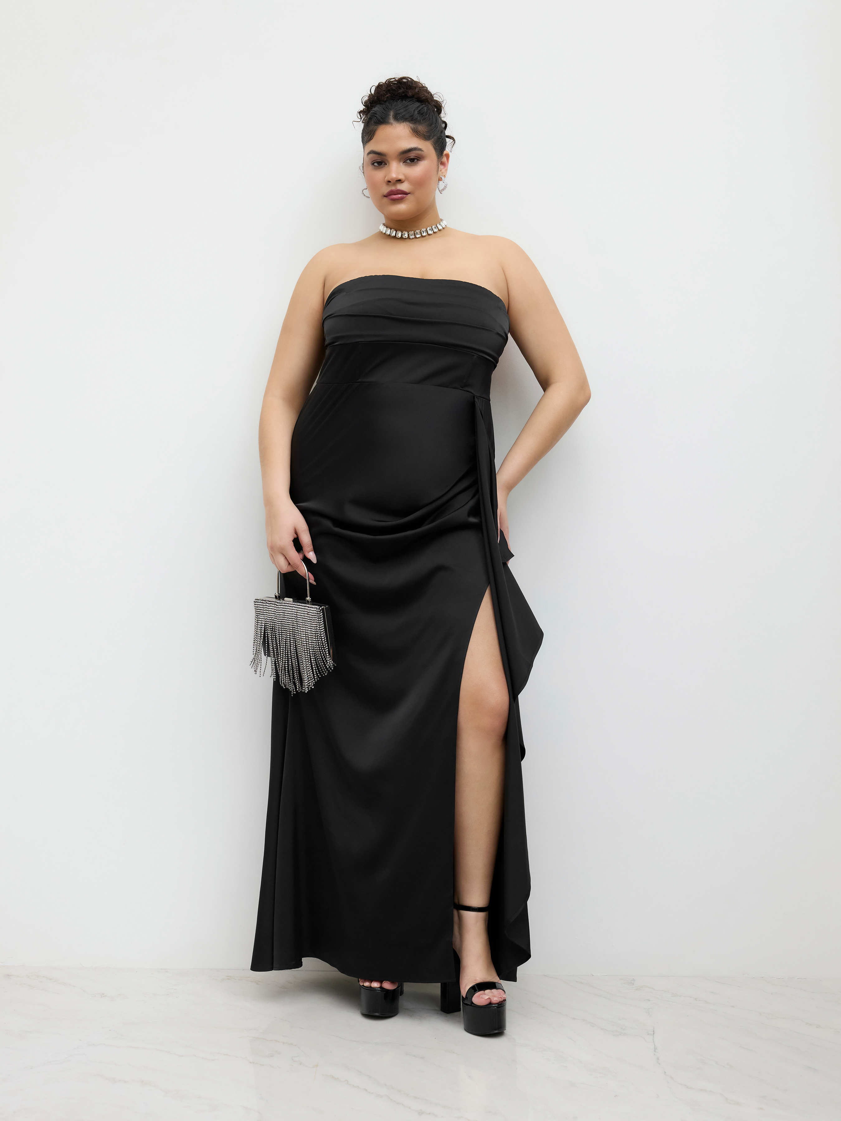 Ruched Split Ruffle Hem Bandeau Maxi Dress Curve & Plus