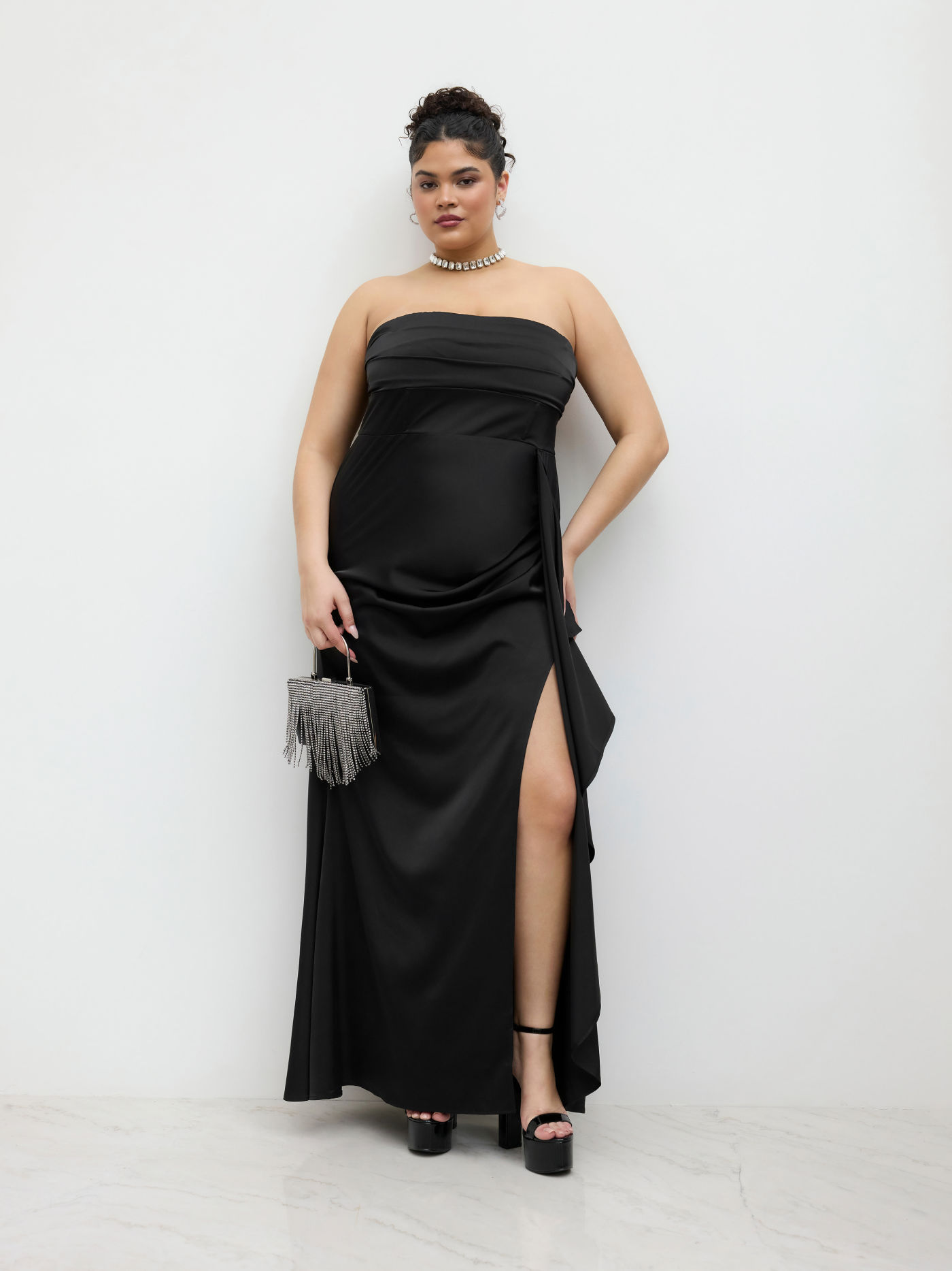 Ruched Split Ruffle Hem Bandeau Maxi Dress Curve & Plus