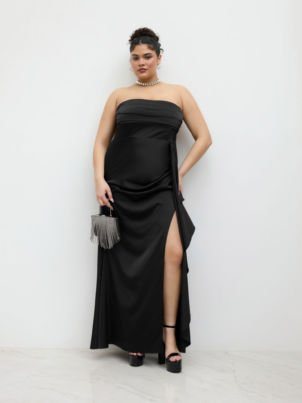 Ruched Split Ruffle Hem Bandeau Maxi Dress Curve & Plus