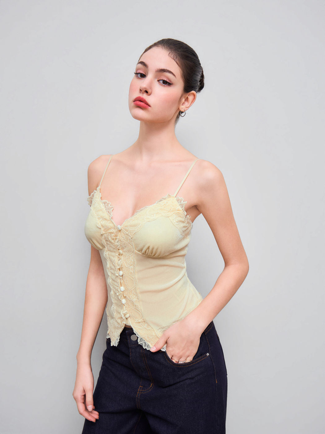 VELVET V-NECK LACE TRIM CAMI TOP