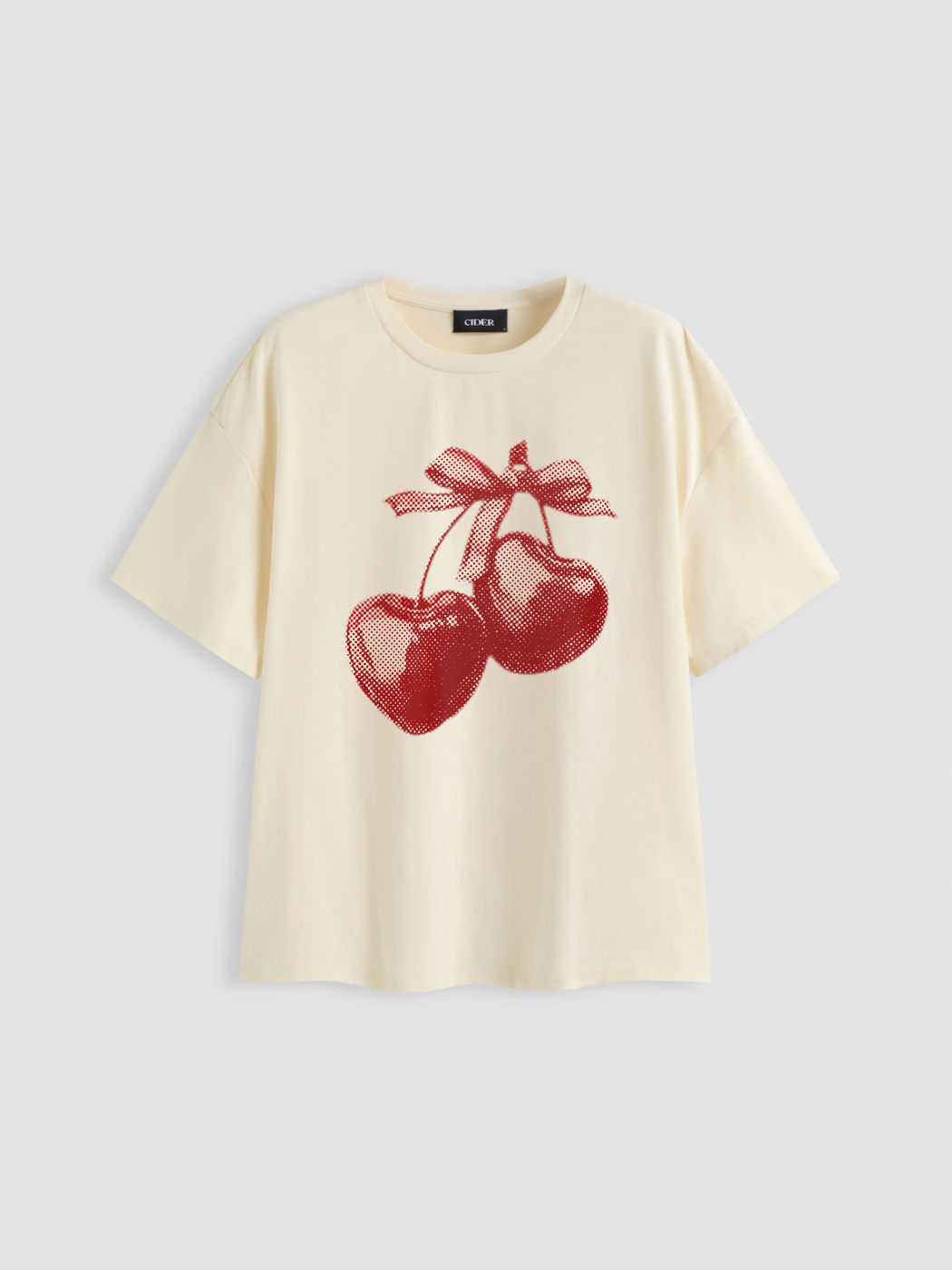 Cotton-Mischung Rundhals-Bowschleife Kirschgrafik Oversized T-Shirt