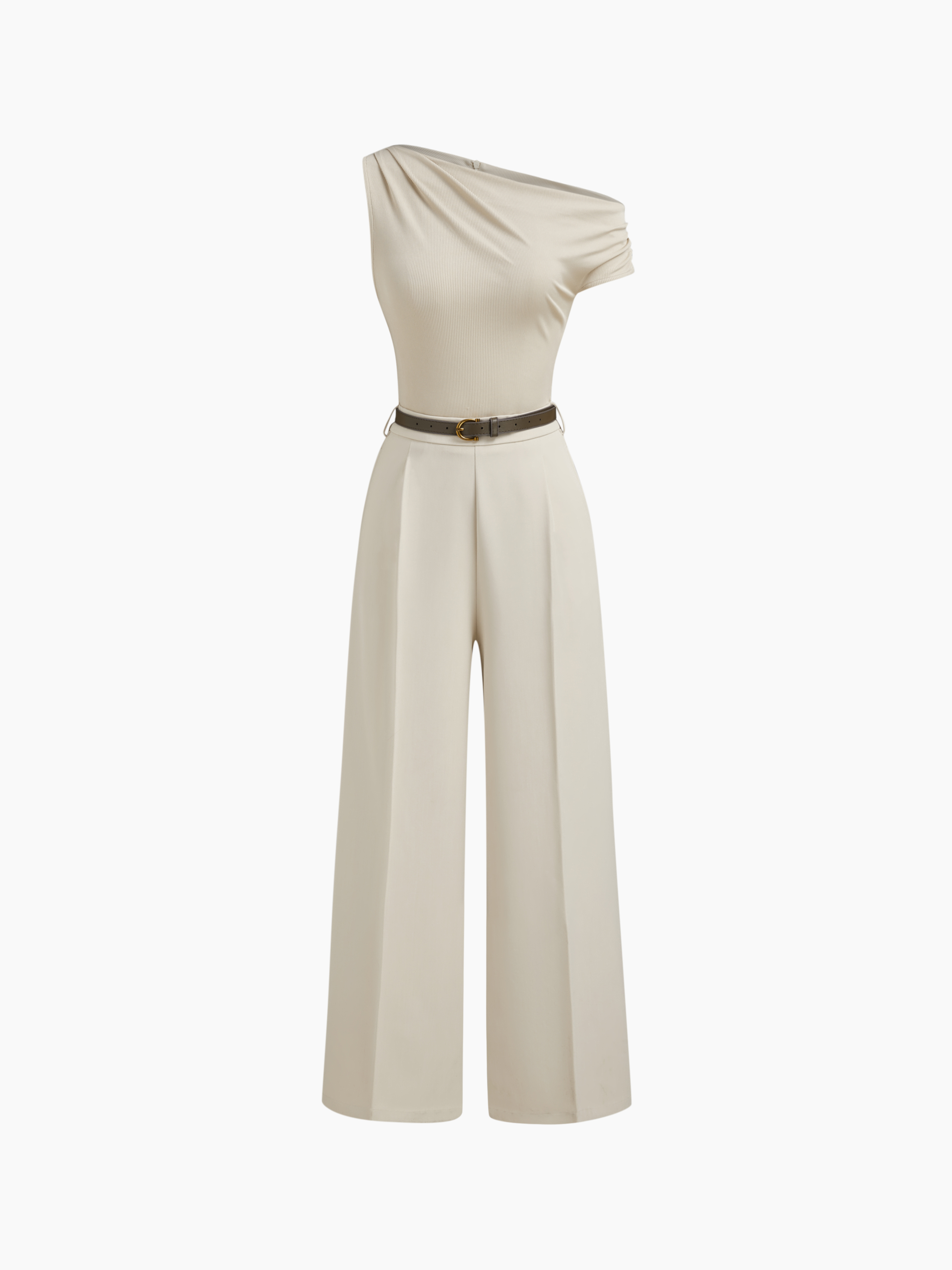 Asymmetrical Neck Ruched Jumpsuit With Belt
