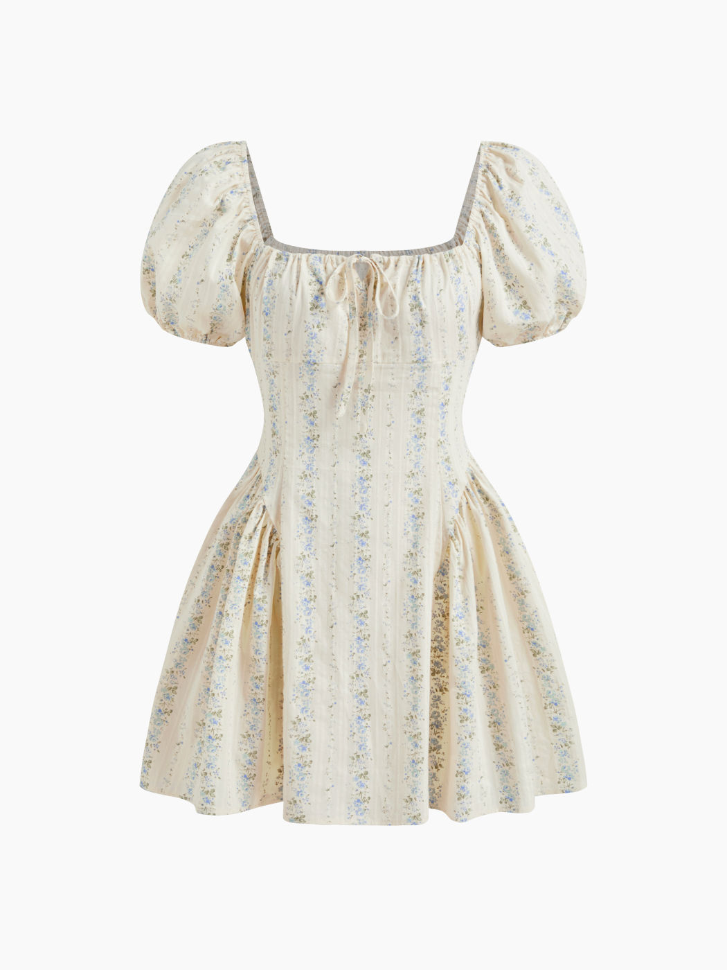 100% Cotton Floral Knotted Ruffle Puff Sleeve Mini Dress