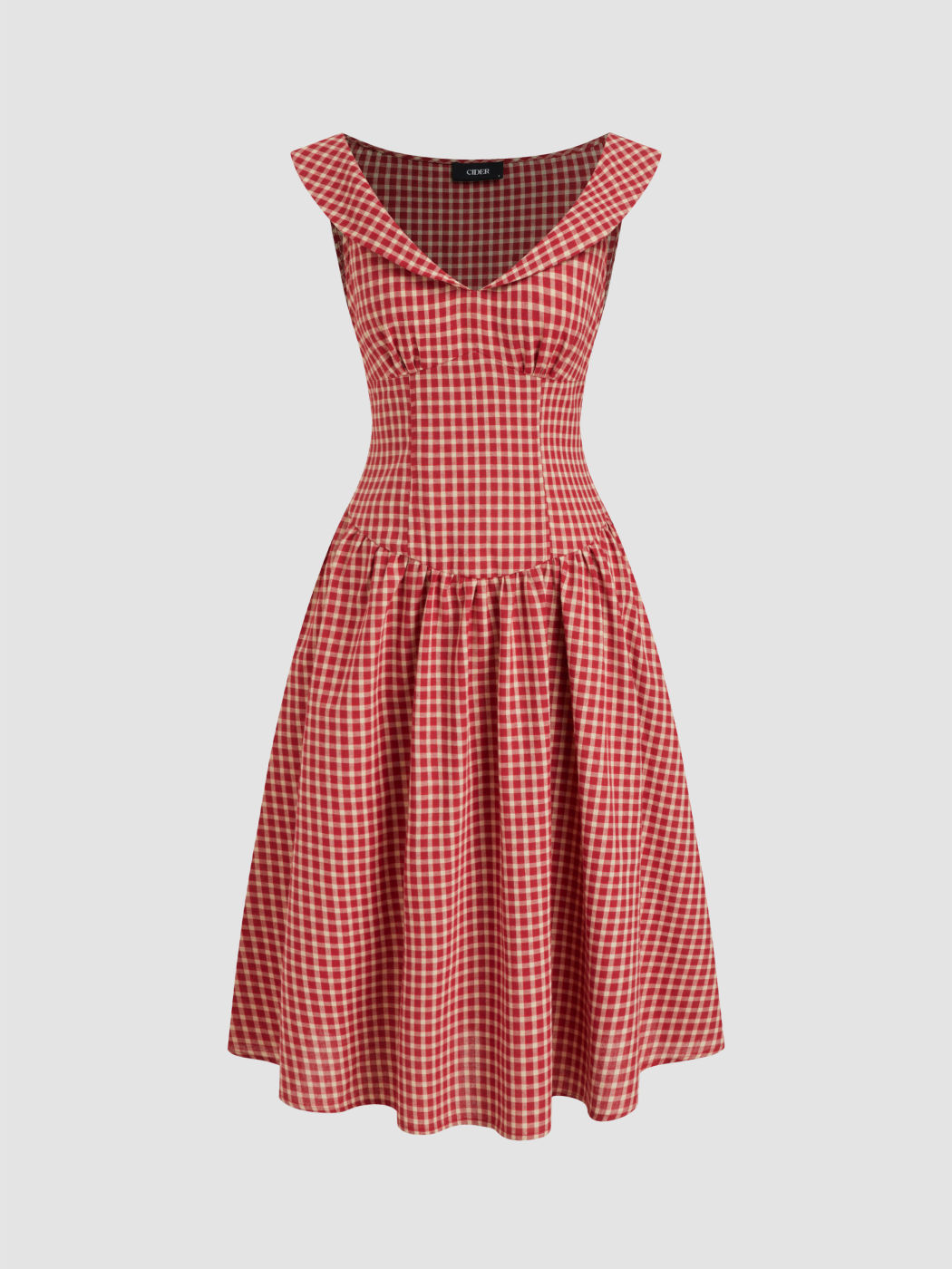 Baumwollmischung V-Ausschnitt Gingham Knopf Maxikleid