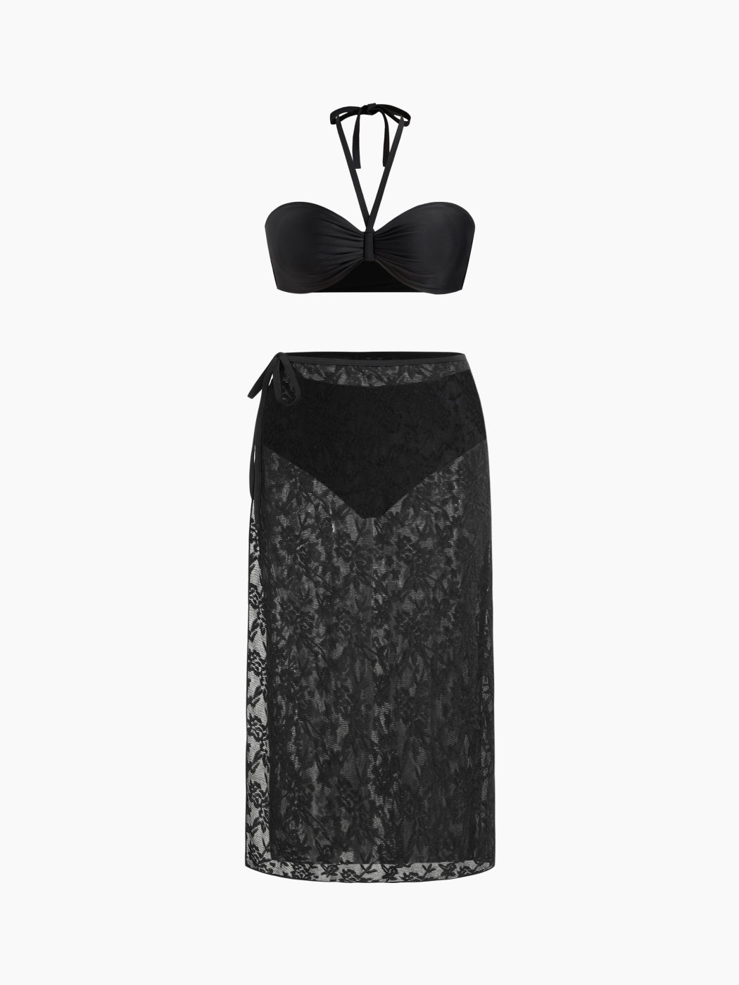 Set bikini copertura totale con scollo all'americana e pareo in pizzo Curve & Plus