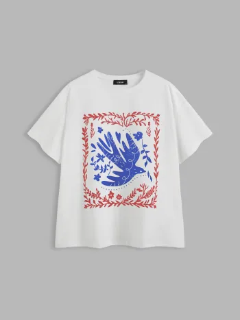 Baumwollmischung Rundhals Vogelgrafik T-Shirt Kurve & Plus