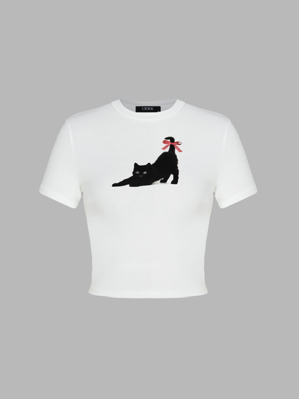 T-shirt corta con grafica di gatto e fiocco sul collo rotondo