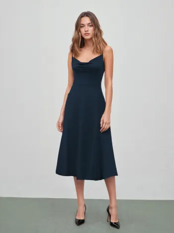 Cowl Neck Solid Ruched Maxikleid