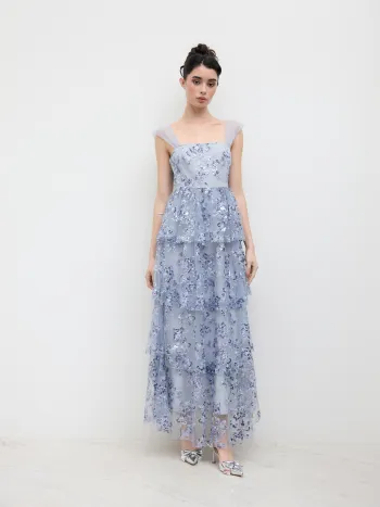 Maxikleid mit Floral-Sequins, Tüllschichten, Maschenstoff und quadratischem Halsausschnitt