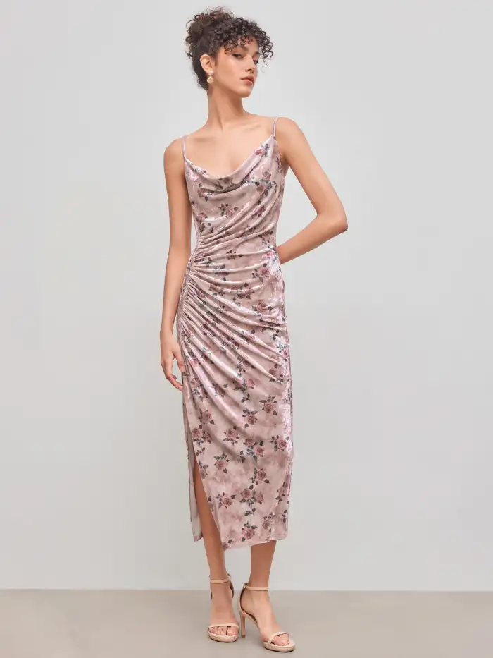 cowl neck ruched midi dress in blush Pink Cowl Neck Ruched Midi Dress by Cinq A Sept