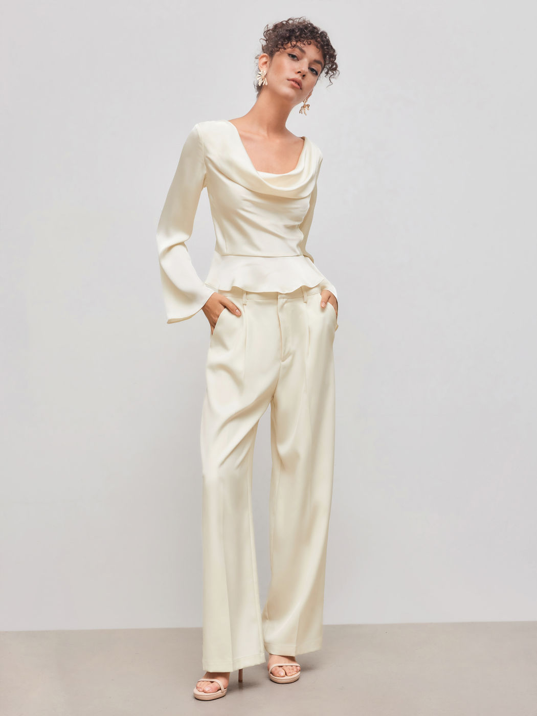 Satin Cowl Neckline Solid Ruffle Hem Long Sleeve Blouse