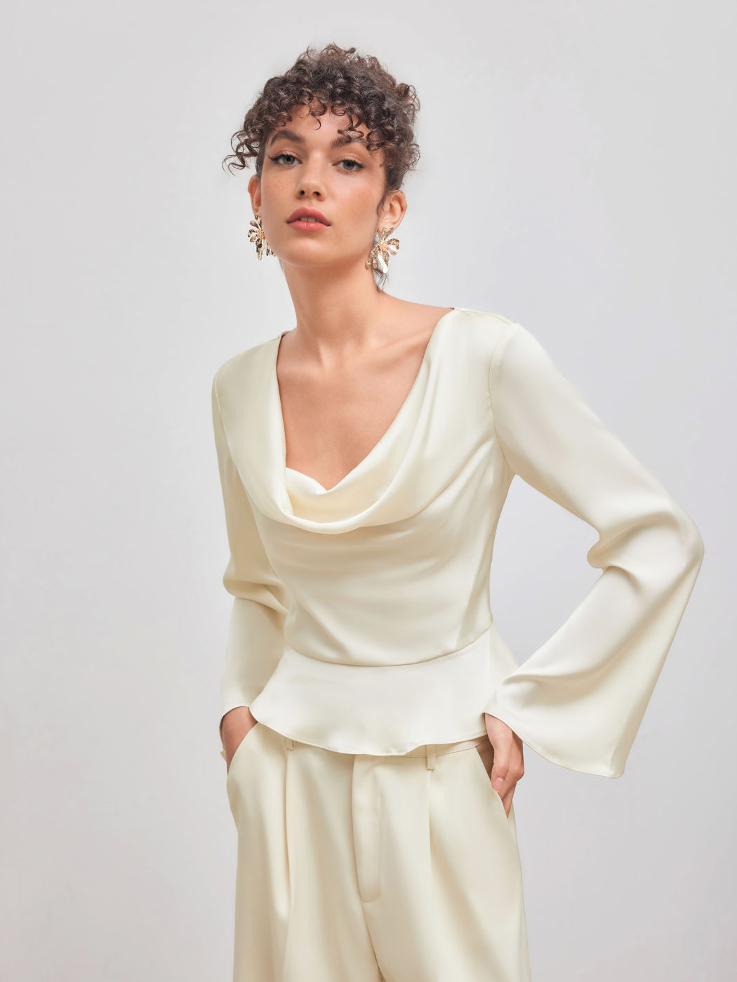 Satin Cowl Neckline Solid Ruffle Hem Long Sleeve Blouse