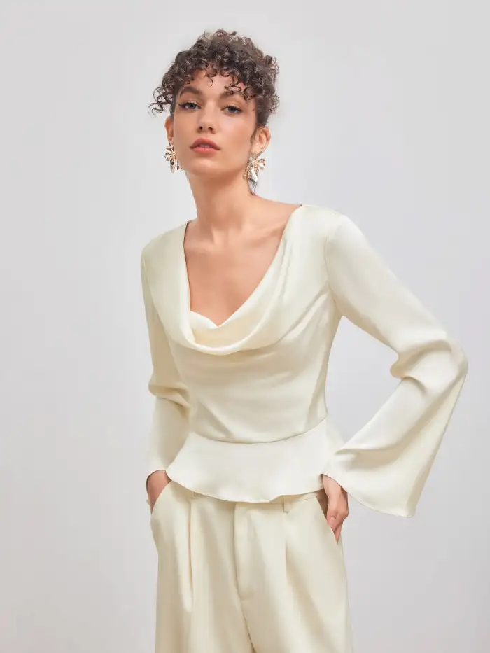 Satin Satin Cowl Neckline Solid Ruffle Hem Long Sleeve Blouse For