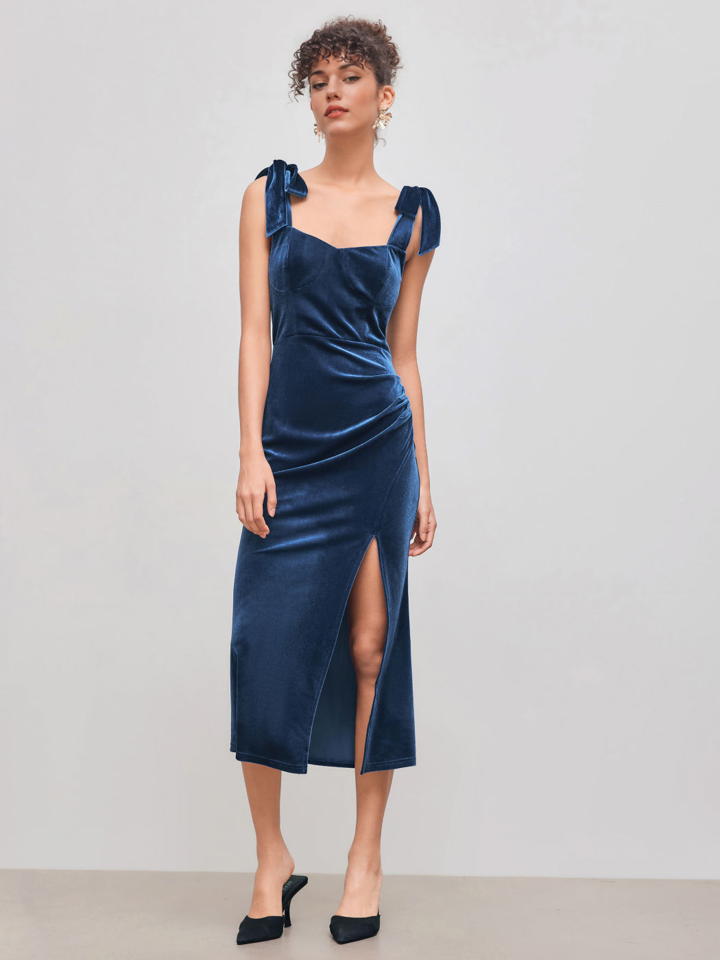 Velvet Sweetheart Neckline Split Ruched Knotted Maxi Dress