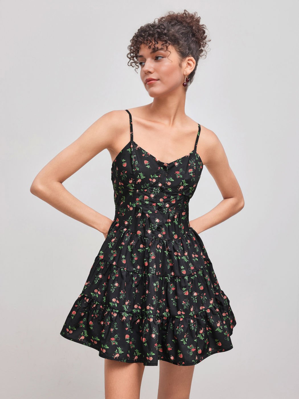 Floral Button Ruffle Mini Dress