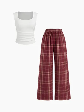 Canotta increspata in misto cotone e set di pantaloni a vita media con tasche in tartan