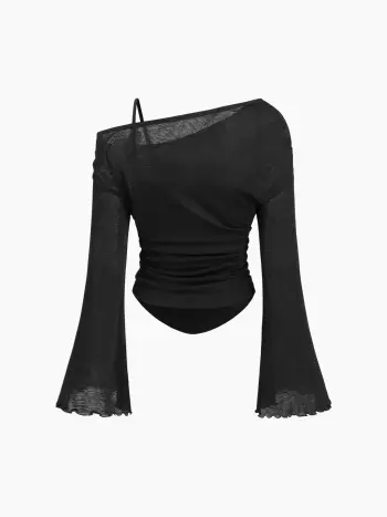 Asymmetrical Neck Ruched Lettuce Trim Tee