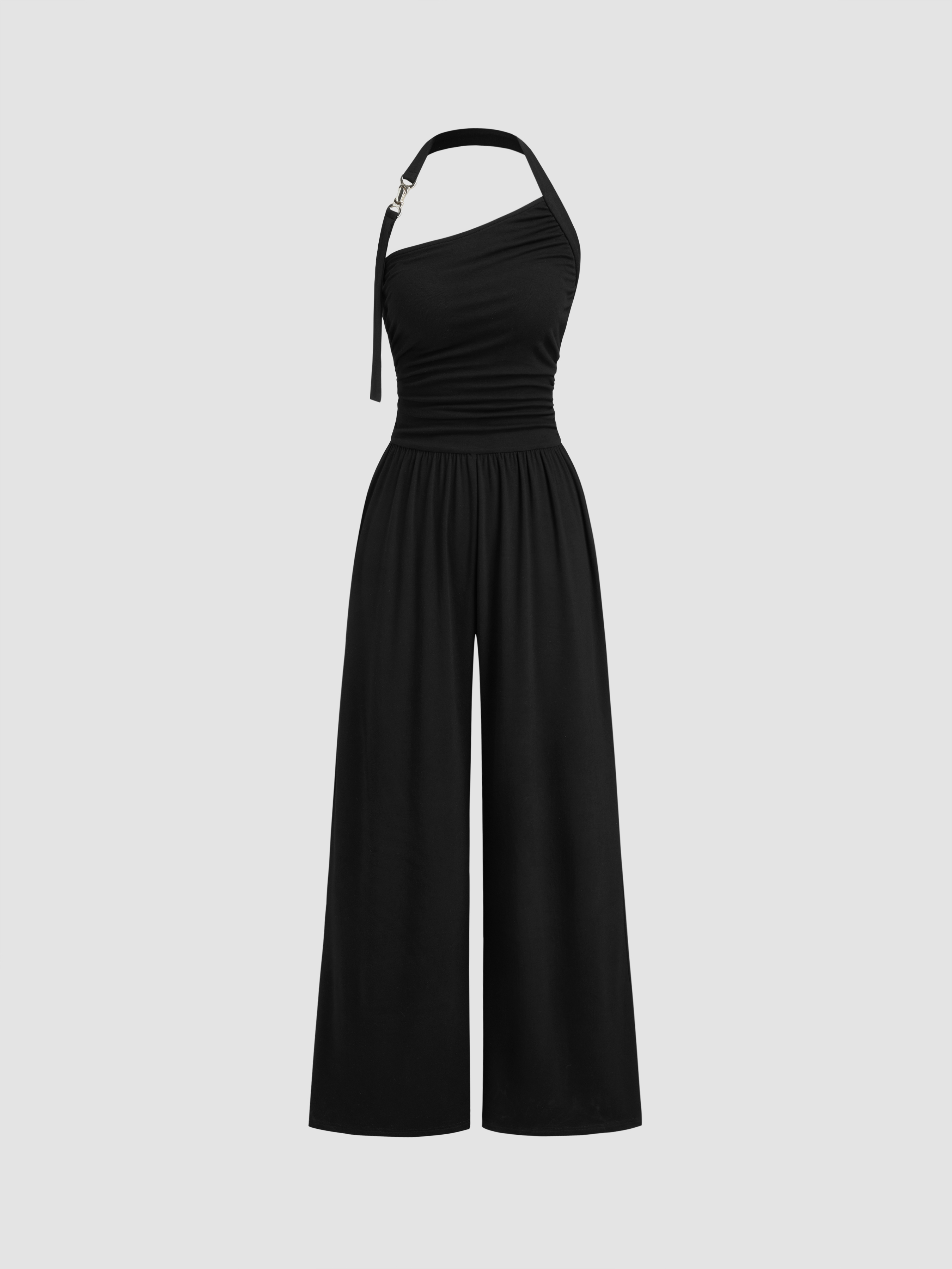 Halter Neckline Buckle Ruched Wide Leg Jumpsuit