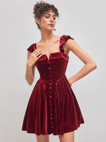 Samt Rüschen Reißverschluss Minikleid